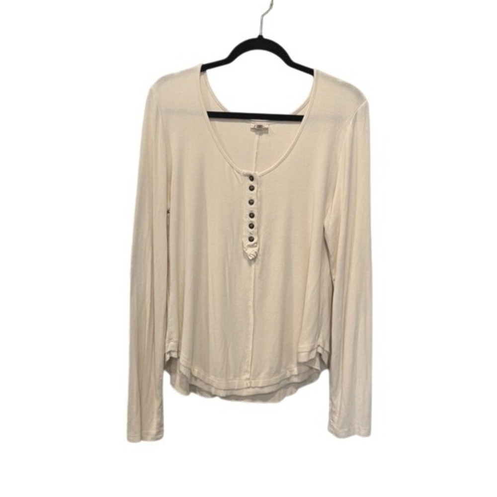 POL Womens Relaxed Fit Henley Top Long Sleeve Scoop Neck Ribbed Knit  Sz M Cream